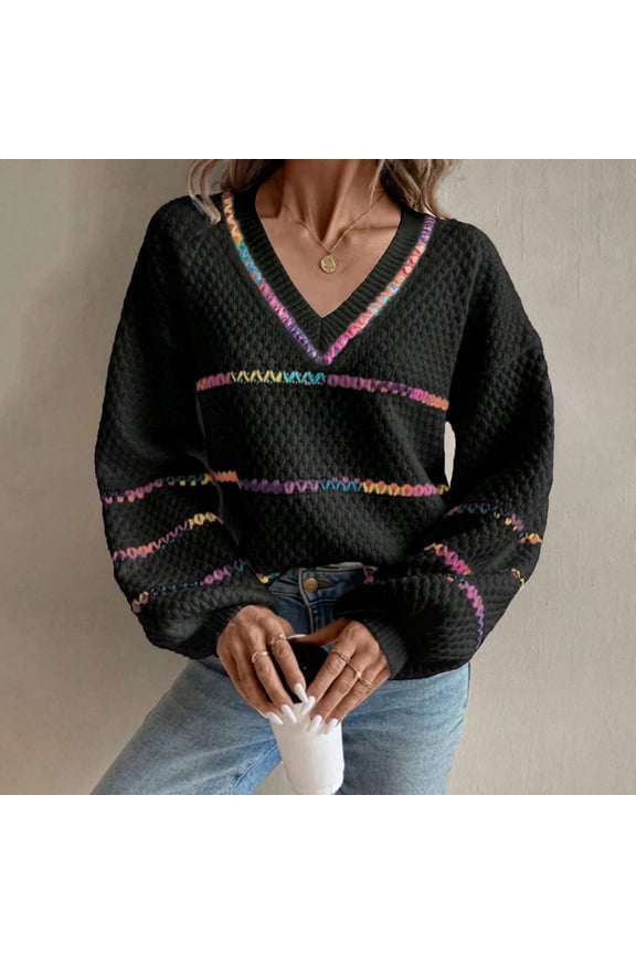 Striped Pullover Sweaters for Women Black Cable Knit V-Neck Pullover Womens Tops for Fall Vacation Long Sleeve Tops