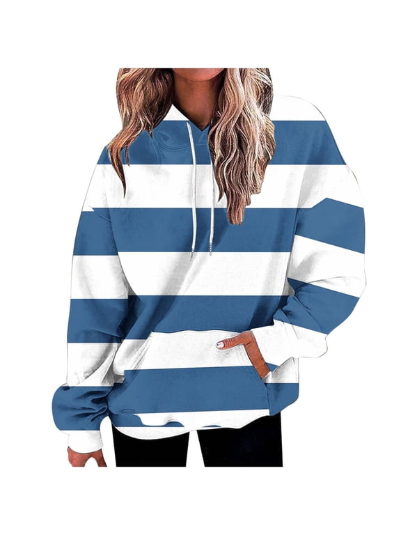 Striped Sweatshirts for Women Pocket Stretch Blue Blouses for Women Hooded Hoodie Long Sleeve Tops