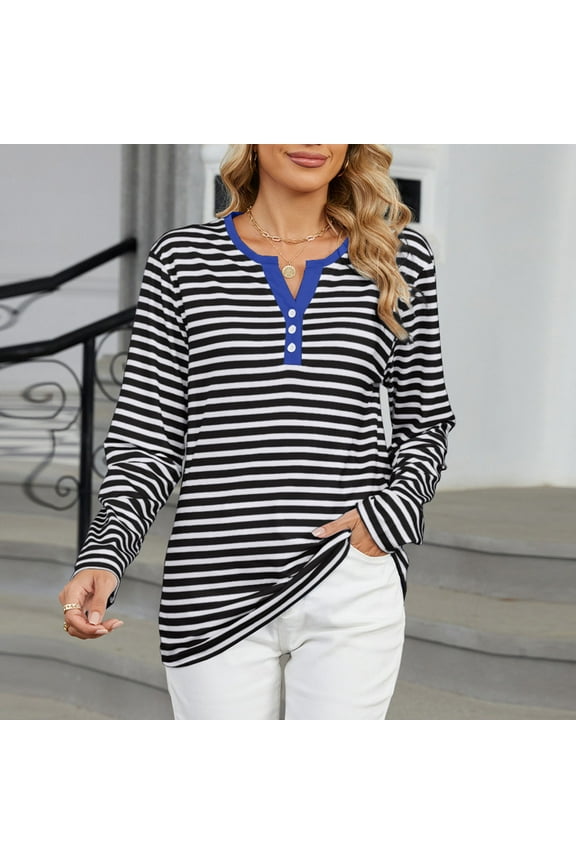 Striped Womens Polo Shirts V-Neck Black Oversized TShirts Long Sleeve Tunic Tops