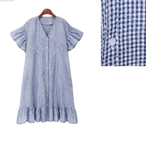 Blmnix Summer Dress Plus Size Peplum Button Down Under Dress Short Sleeve V-Neck Blue Holiday Skirts for Women,XXXL