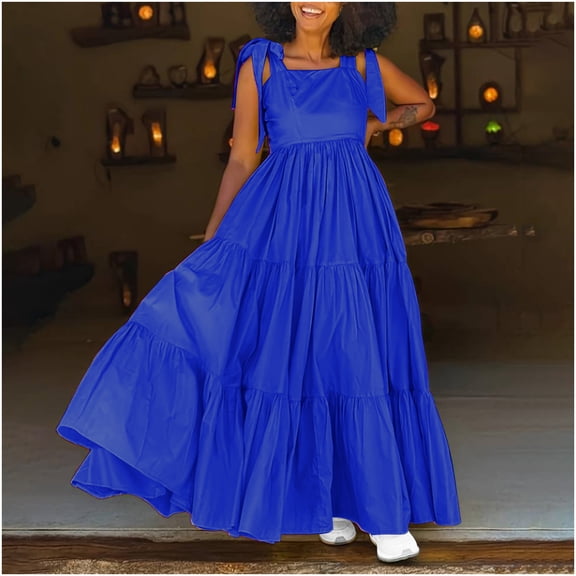 Blmnix Summer Dresses for Women Pleated Waisted Pinafore Skirts Maxi Square Neckline Sleeveless Blue Empire Waist Dress for Women,XXL