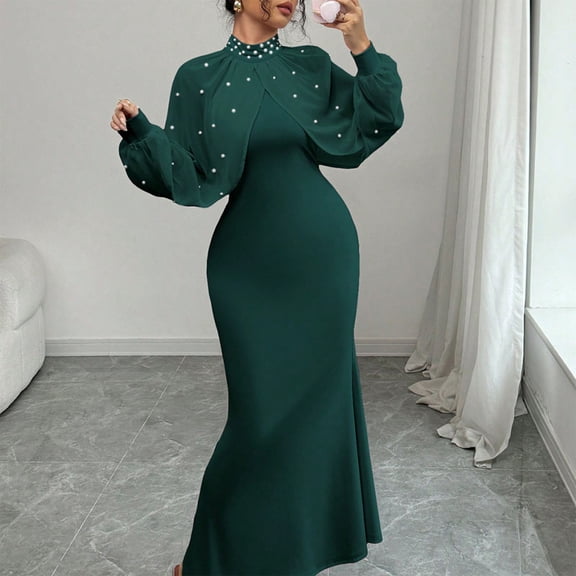 Blmnix Summer Dresses for Women Waisted Bandage Tea-Length Elegant Nightgown Green Mock Neck Long Sleeve Blazer Dress for Women,L