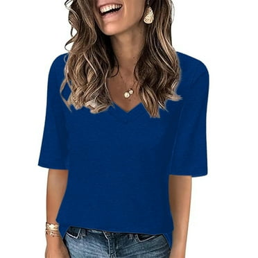 Blmnix Summer Tops for Women 2024 Blue Short Sleeve V Neck Loose Solid Basic T-Shirts Trendy Shirts