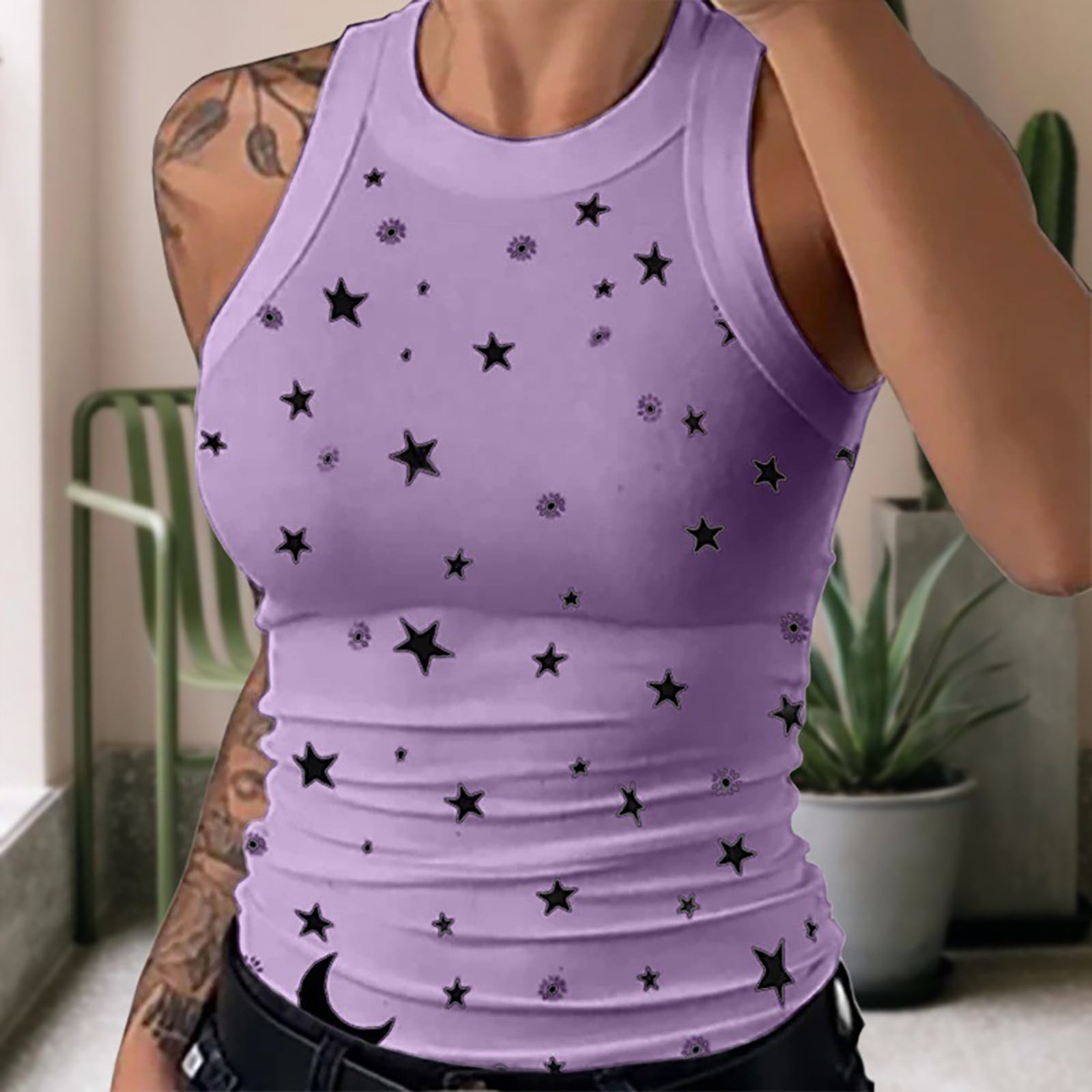 Blmnix Summer Womens Tops 2024 Purple Sleeveless Graphic Slim High Neck