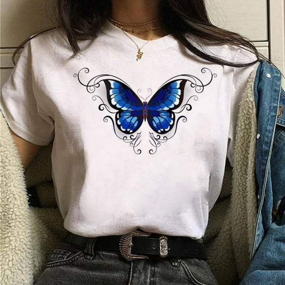 Blmnix Summer Womens Tops Cute White Short Sleeve Crew Neck Loose Butterfly Shirt Pullover Tops for Girl Spring