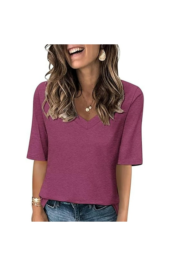 Blmnix Summer Womens Tops Trendy Purple Elbow-Length Basic Loose V-Neck Solid Blouse Casual Shirts