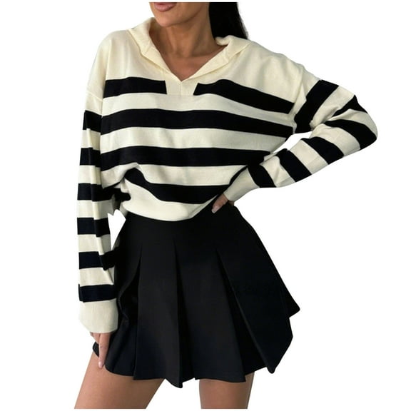 Blmnix Fall Work Tops for Women Striped Polo Beige Hiking Shirts Women Long Sleeve V-Neck Shirts