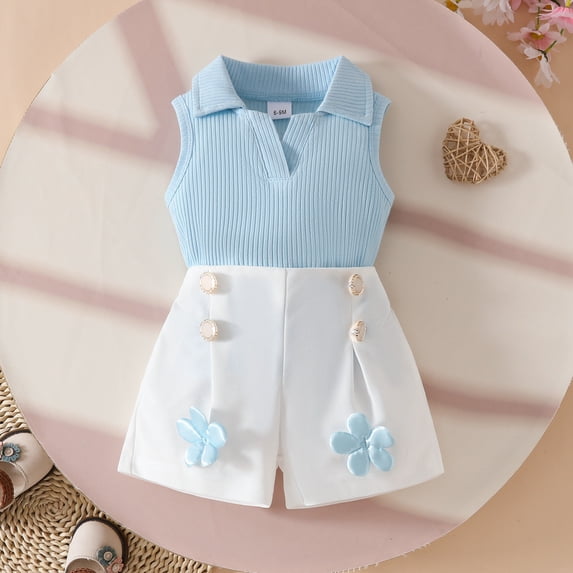 Blmnix Sweater Clothing Sets Cocoon Cute Outfits Birthday Outfits Outfits Pleated Collared Sleeveless Blue 3t Summer Outfits,9-12 Month