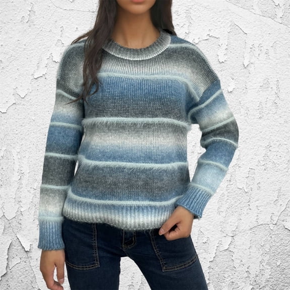 Blmnix Sweaters Women Long Sleeve Crew Neck Striped Blue Work Tops Ribbed Pullover Clothing