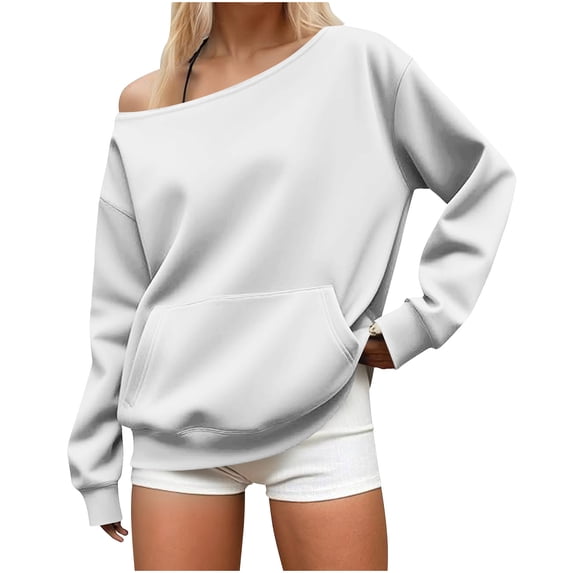 Blmnix Sweatshirt Cute Hoodies Clothes White Pullover Plain Cute Blouses for Women Boat Neck Long Sleeve Tops