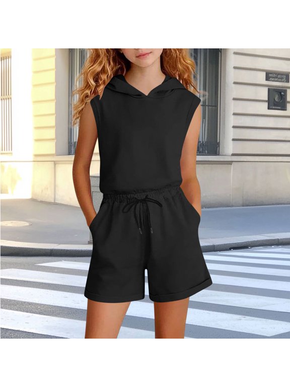 Sweatshirt Kids Outfits Cocoon Dance Outfits Athletic Sets Outfit Sleeveless Hooded Black Running Toddler Outfits,3-4 Years