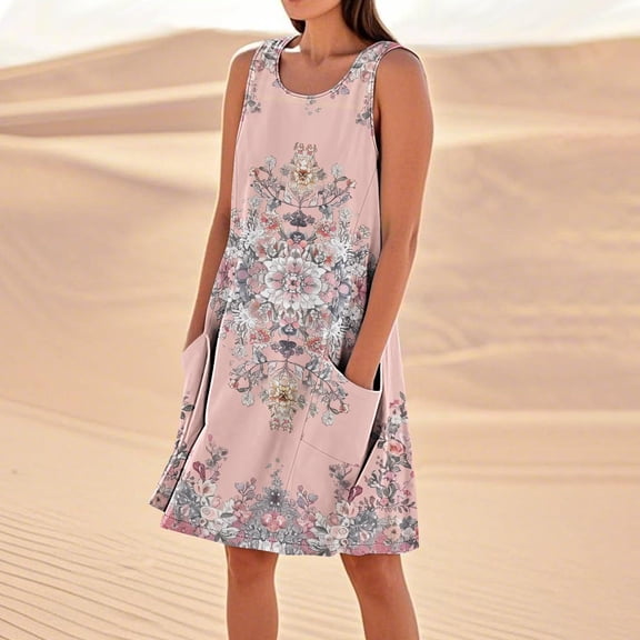 Blmnix Tank Holiday Dresses for Women 2026 Beach Vintage Dresses Cocktail-Length Sleeveless Crew Neck Wedding Guest Dress,S