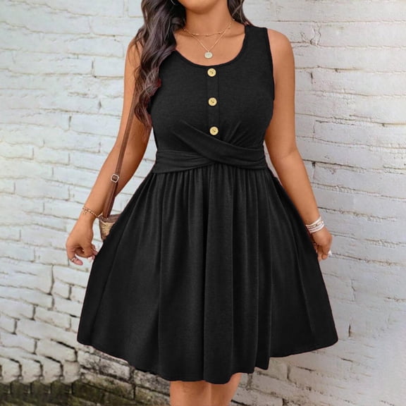 Blmnix Tank Valentine Dresses for Girls Button Plus Size Skirt Sleeveless Black Crew Neck Cocktail-Length Sweater Dress,XXXXL