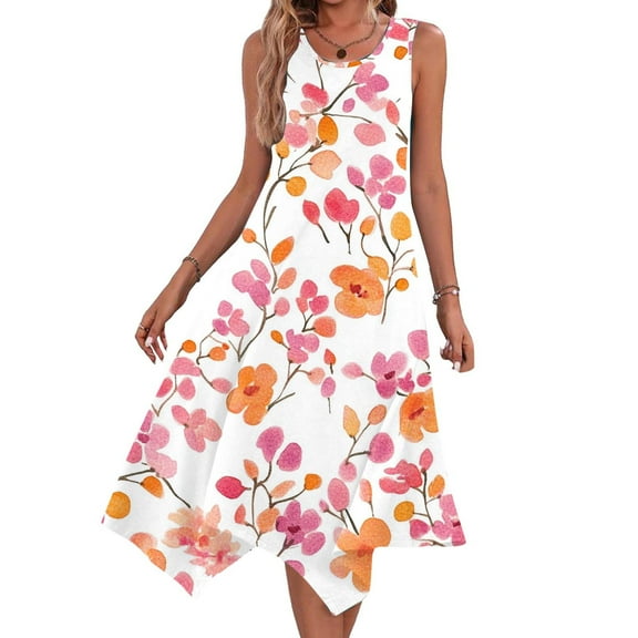 Blmnix Tank Valentine Dresses for Girls Floral Flowy Dresses Sleeveless Orange Crew Neck Cocktail-Length Winter Dress,XL