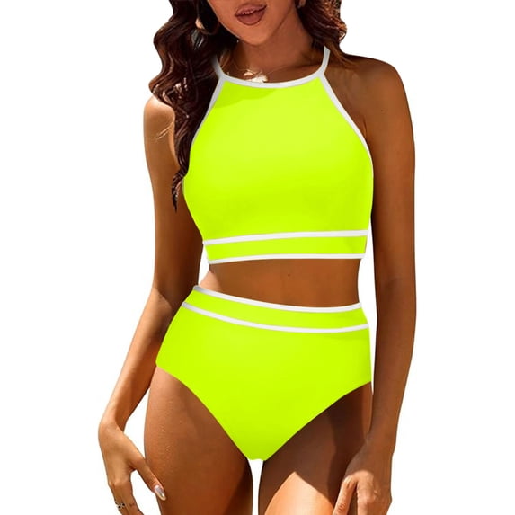 Blmnix Tankini Swimsuits Womens Bathing Suit High Waisted Swimsuits Set Swimwear Yellow Crew Neck Swim Top,M