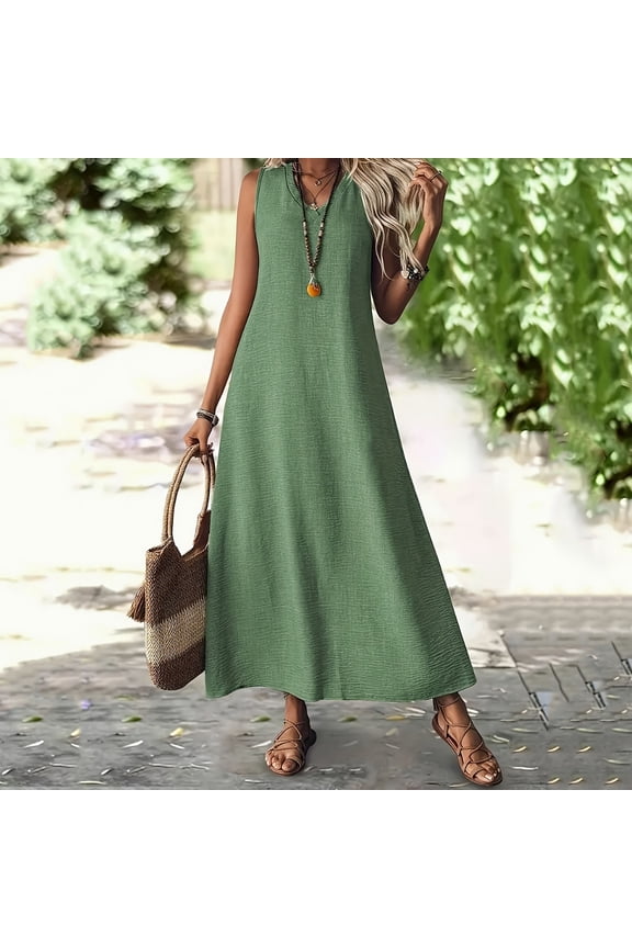 Tea-Length Wedding Guest Dress Flowy Dresses Holiday Tank Nightgown V-Neck Green Sleeveless Spring Skirts for Women,L