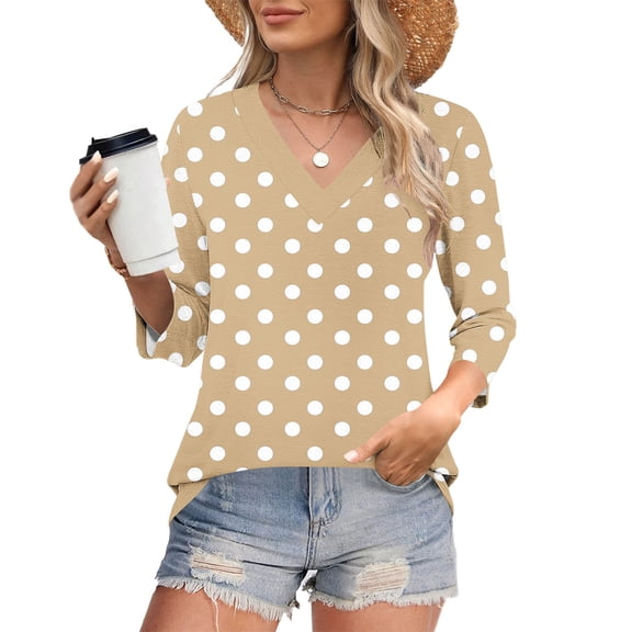 Blmnix Tees for Women Polka Dot Novelty Women's Fall Tops V-Neck 3/4 Sleeve Khaki Tops