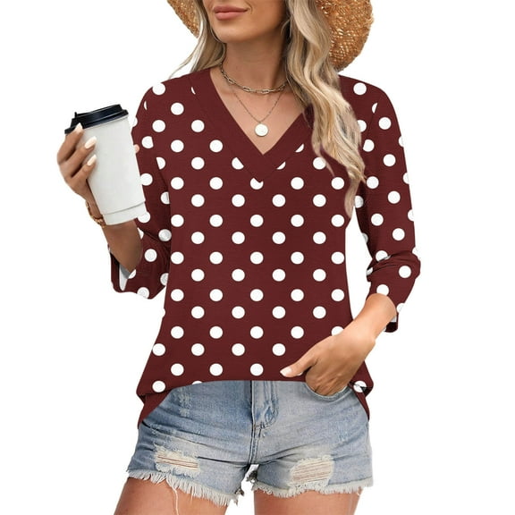 Blmnix Tees for Women Workwear Polka Dot Womens Tops Dressy Casual 3/4 Sleeve Red V-Neck Tops