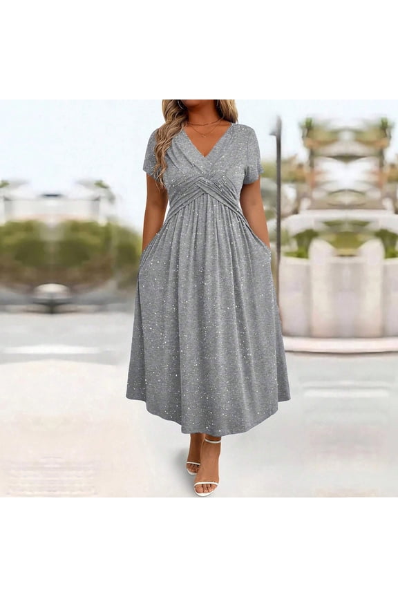 Tent Dresses for Women Plus Size Sparkly Skirt Gray V-Neck Short Sleeve Party Dress,XXL
