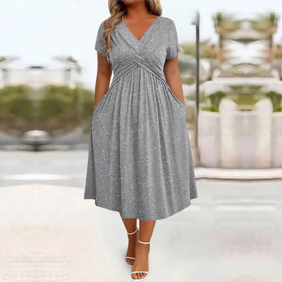 Blmnix Tent Dresses for Women Sparkly Plus Size Under Dresses Gray Short Sleeve V-Neck Wedding Guest Dress,M