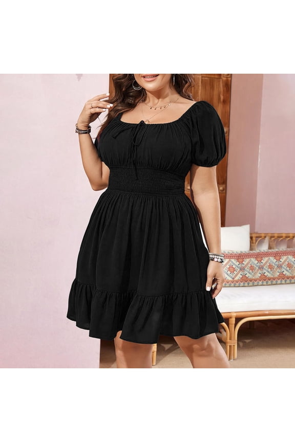 Tent Summer Dresses for Women Waisted Plus Size Petticoat Cocktail-Length Black Short Sleeve Square Neckline Western Dress for Women,XXXXL