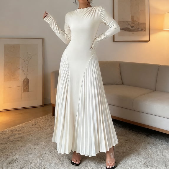 Blmnix Tent Women Dress Tea Party Elegant Dresses Dress Long Sleeve Crew Neck White Tea-Length Adjustable Waist Spring Dresses for Women 2026,XL