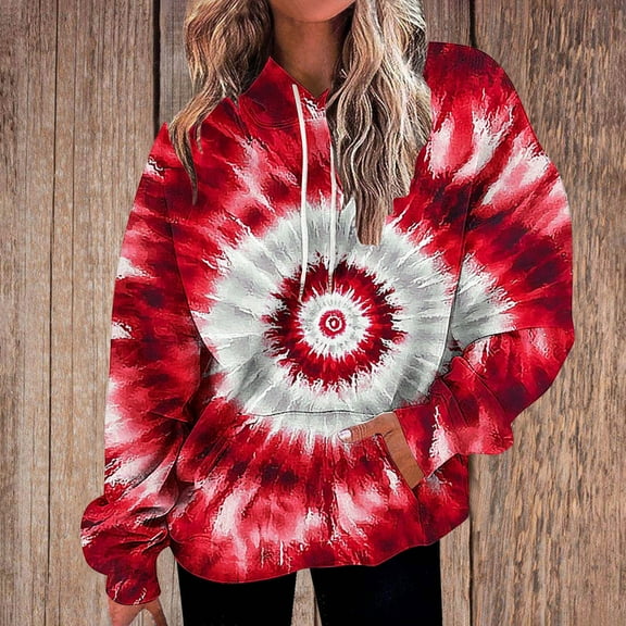 Blmnix Tie-Dye Cute Sweatshirts Fall Basic Red College Going Out Tops Hoodie Hooded Long Sleeve Tops