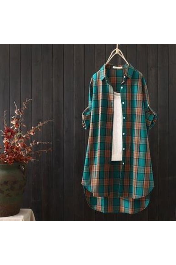 Top Western Plaid Tunic High Low Plus Size Shirts Long Sleeve Collared Blouses