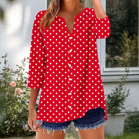Blmnix Tops for Teachers Trendy 2025 Polka Dot Red Button Down Women's Workout Tops V-Neck 3/4 Sleeve Blouses