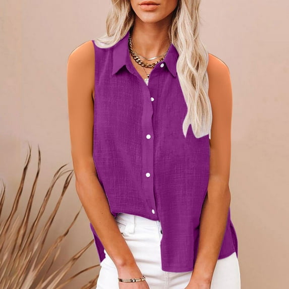 Blmnix Tops for Women 2024 Sleeveless Purple Loose Button Solid Collared Tank Tops Vest Trendy