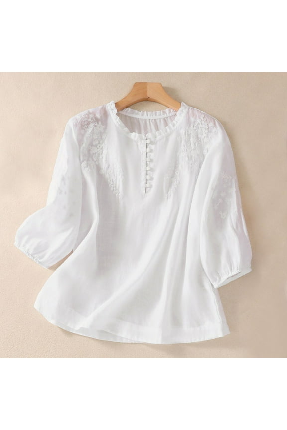 Blmnix Tops for Women 3/4 Sleeve White Crew Neck Puff Sleeve Button Solid T-Shirts Tees Trendy