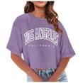 thumbnail image 1 of Blmnix Tops for Women Fasion Purple Short Sleeve Casual Los Angeles Letter Crew Neck Crop Girls Tops 2024, 1 of 7