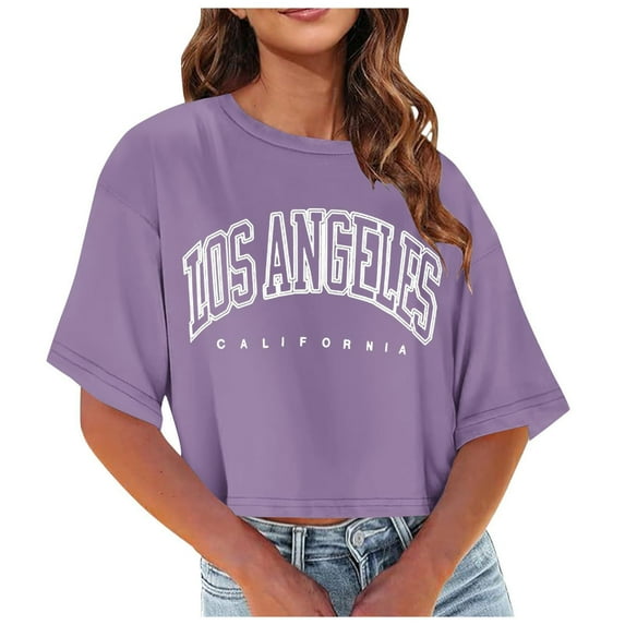 Blmnix Tops for Women Fasion Purple Short Sleeve Casual Los Angeles Letter Crew Neck Crop Girls Tops 2024