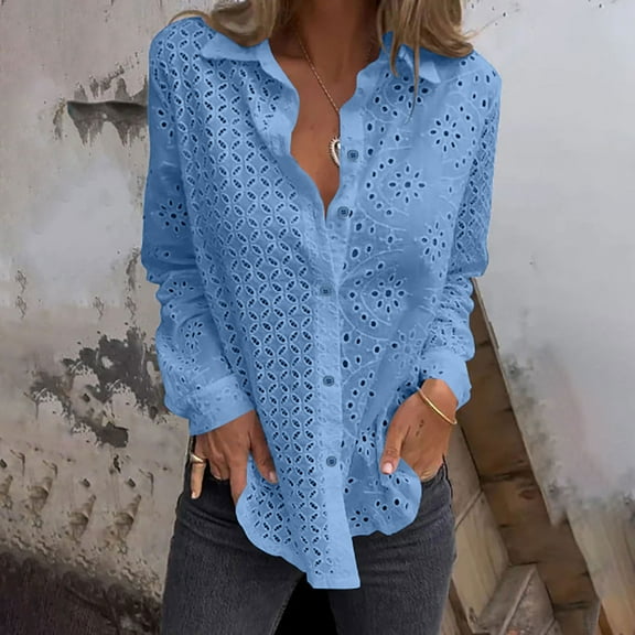 Blmnix Tops for Women Long Sleeve Spring Blue Simple Casual Eyelet Solid Blouse Girls Tops Trendy