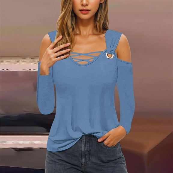 Blmnix Tops for Women Trendy Fall Blue Blouse Solid Long Sleeve V-Neck Cut Out Tops