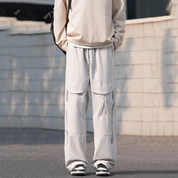 Blmnix Travel Pants Men Pants Carpenter Pants Low Waisted Cargo Baggy Jeans Long Straight-Leg Beige Casual Pants for Men,L