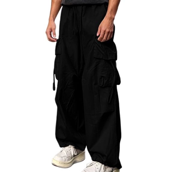 Blmnix Travel Pants Pants for Men Low Rise Cargo Baggy Beach Pants Pants Wide-Leg Long Black Men's Casual Pants,XS