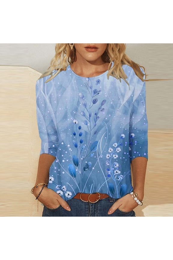 Travel Women's T Shirts Funny Botanical Blue Graphic Tees for Women Trendy Crew Neck 3/4 Sleeve Blouses