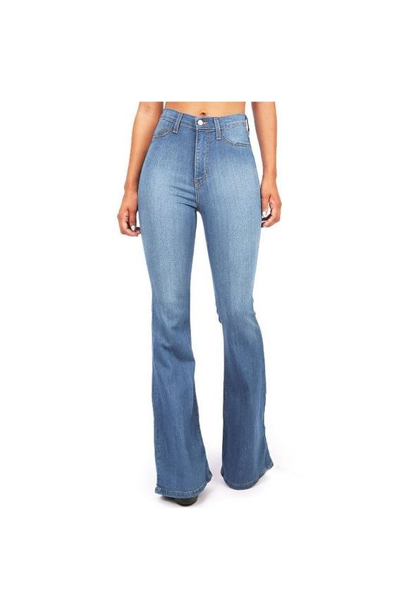 Blmnix Trendy Womens Pants Blue Slim Bootcut Casual Trousers Jean Solid Flat Front Pants for Lady Fall