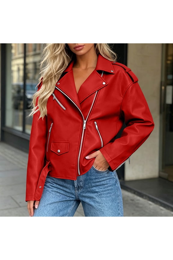 Trucker Jackets for Women Belted Leather Motorcycle Jacket Zip Up Oversized Coats Cocoon Long Sleeve Red Winter Coats for Women