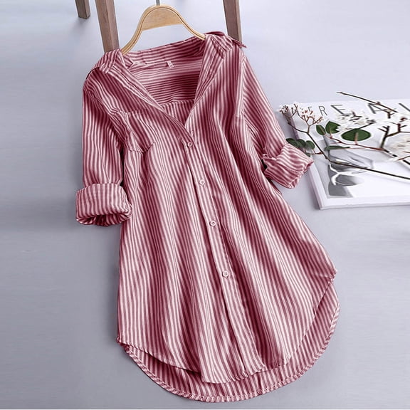 Blmnix Tshirts for Women Pinstripe Tunic Roll Up Wine Shirts Long Sleeve V-Neck Blouses