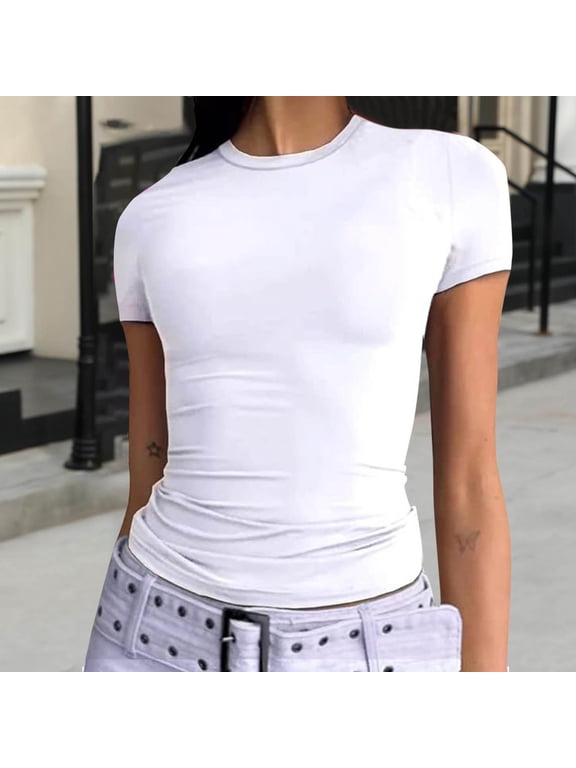 Tshirts for Women Pullover Fitted Shirts Compression Blouse White Short Sleeve Crew Neck Shirts for Women Dressy Casual,S