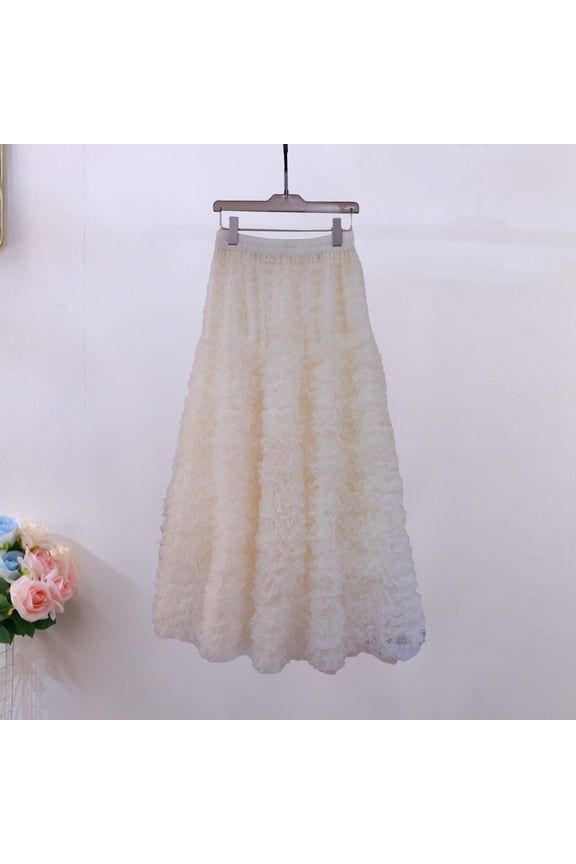 Tulle Skirt Skirts for Women Trendy Long Skirts Ruffle Skirt Petticoat Beige Long Skirt Knee Length Skirts for Women,Free Size
