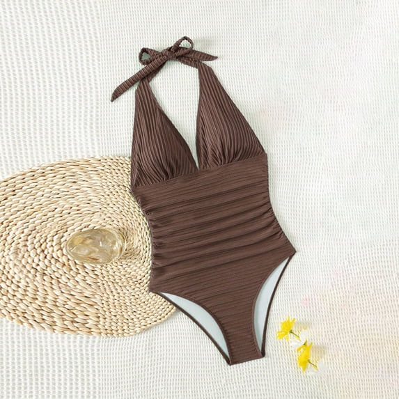 Blmnix Tummy Control Women Bathing Suits One Piece Swimsuit High Waisted Swimsuits Bathing Suit Halter Brown One Piece Bathing Suit,XL