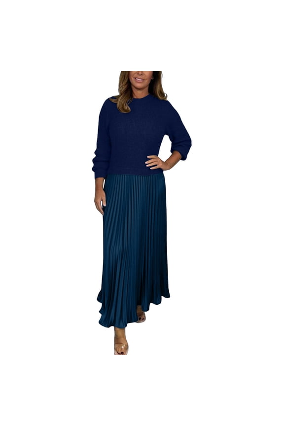 Twofer Formal Dresses for Women Velvet Pleated Skirt Blue Long Sleeve Crew Neck Summer Dress,S