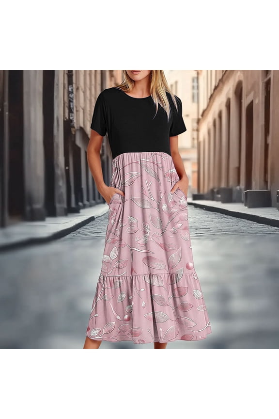 Twofer Hawaiian Dresses for Women 2026 Vacation Floral Flowy Skirts Short Sleeve Crew Neck Cocktail-Length Pink Skirts for Women,XXL