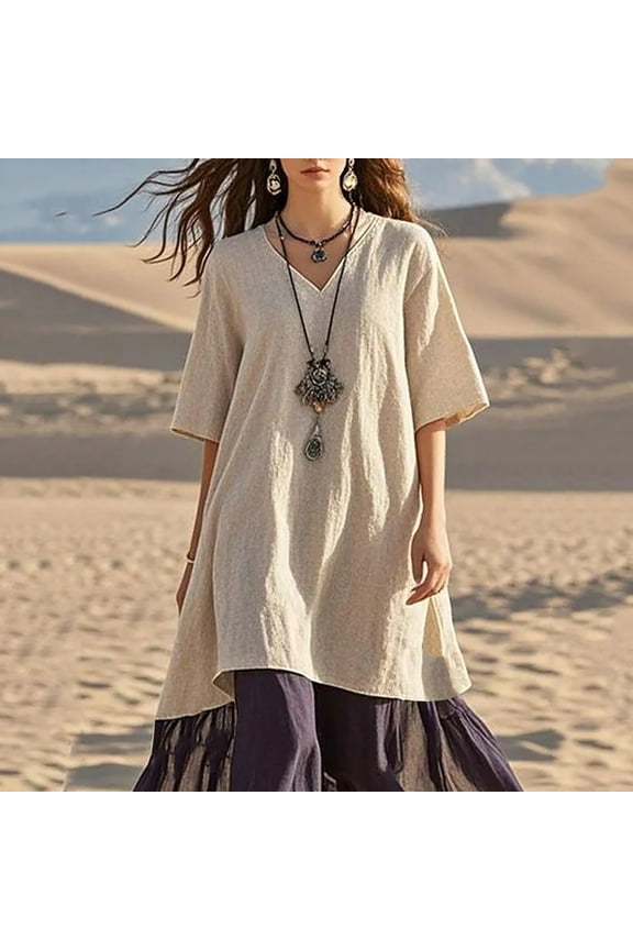 Twofer Holiday Dresses for Women Plus Size Mesh Nightgown Tea-Length Elbow-Length V-Neck Beige Party Dress,L