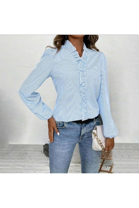 V-Neck Fall Blouses Light Blue Pinstripe Funny T Shirts Flounce Long Sleeve Tops