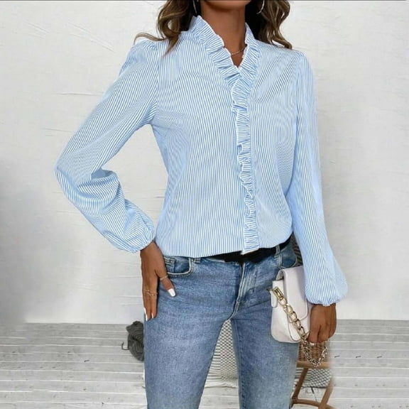 Blmnix V-Neck Fall Blouses Light Blue Pinstripe Funny T Shirts Flounce Long Sleeve Tops