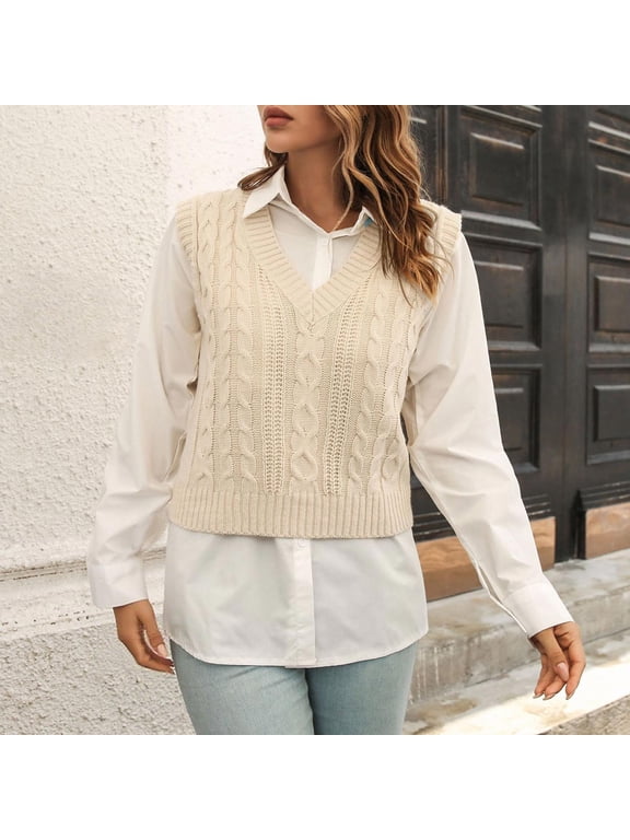 V-Neck Fall Sweater Cable Knit Pullover Beige Plain Plus Size Shirts for Women Basics Sleeveless Tops